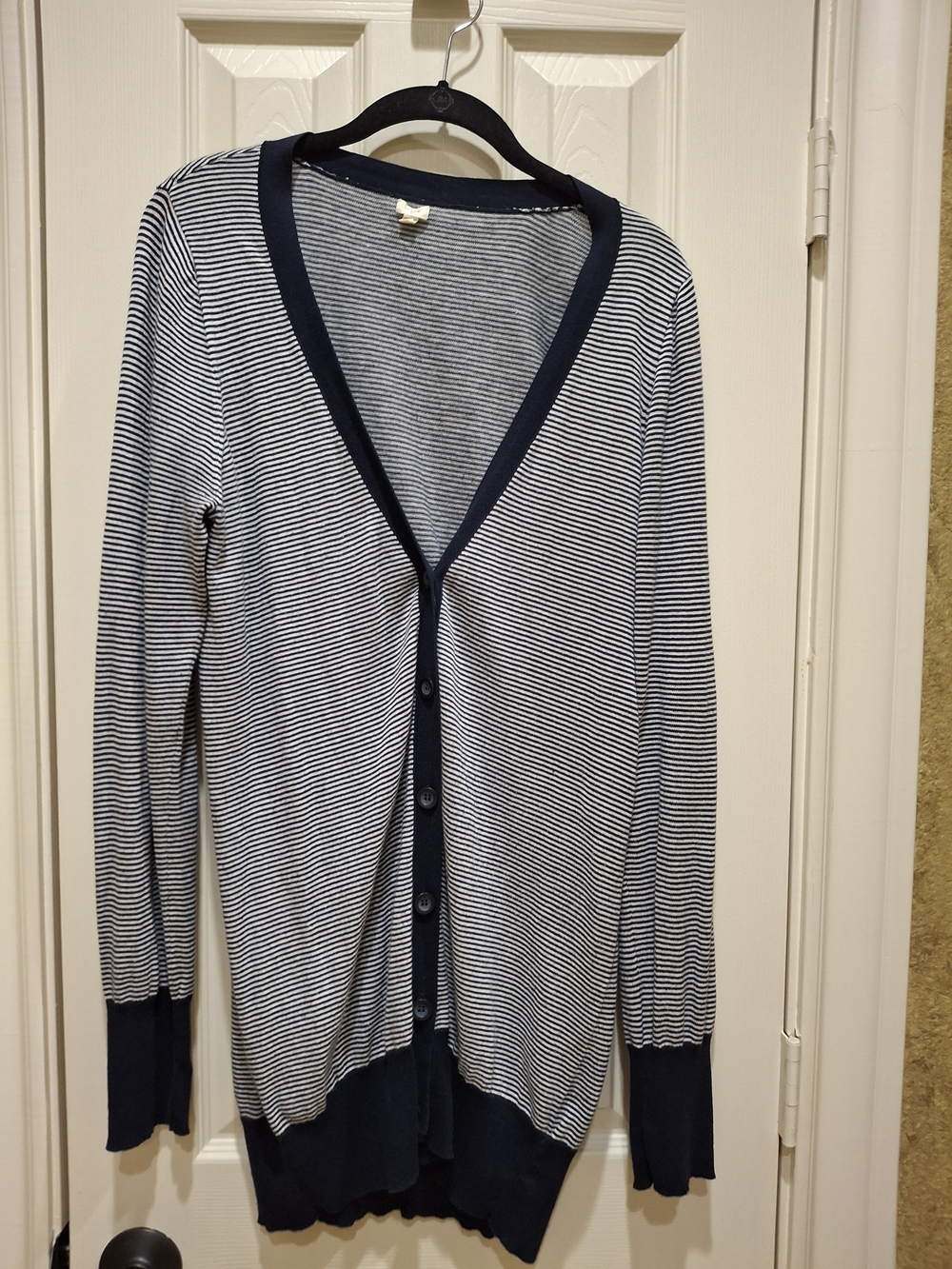 J. Crew Navy and White Striped V-Neck Cardigan
